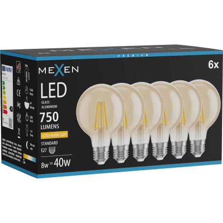 Mexen Vintis 6x LED нажежаема жичка крушка E27, G80, 8W, Топло - 2200K, 750 lm, кехлибар