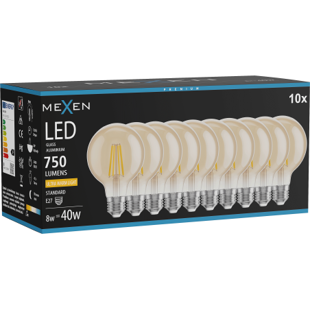 Mexen Vintis 10x LED нажежаема жичка крушка E27, G80, 8W, Топла - 2200K, 750 lm, кехлибар