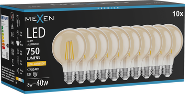 Mexen Vintis 10x LED нажежаема жичка крушка E27, G80, 8W, Топла - 2200K, 750 lm, кехлибар