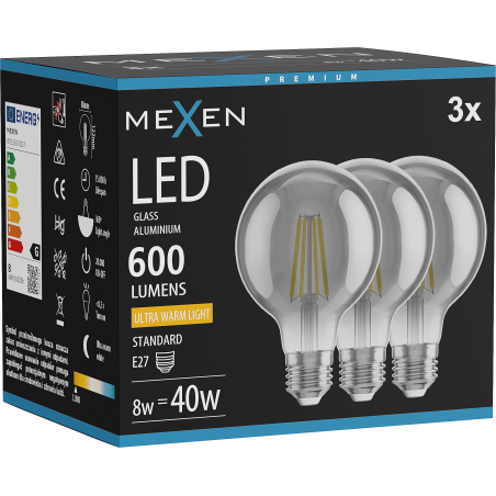 Mexen Vintis 3x LED филамент крушка E27, G80, 8W, Топла - 2200K, 600 lm, опушено - L155-E27-0822-70x03