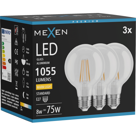 Mexen Vintis 3x LED крушка с нажежаема жичка E27, G80, 8W, Топла - 2700K, 1055 lm, прозрачна