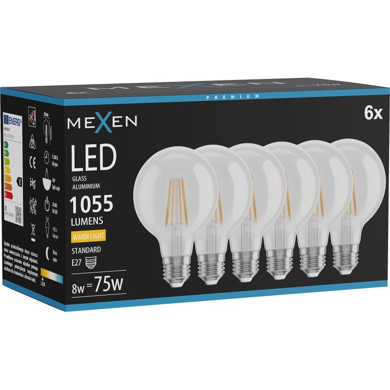 Mexen Vintis 6x LED нажежаема жичка крушка E27, G80, 8W, Топла - 2700K, 1055 lm, прозрачна