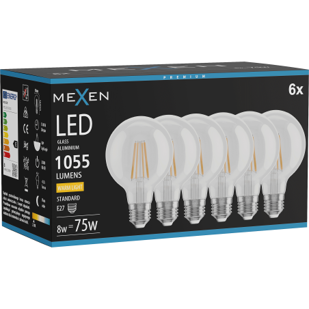 Mexen Vintis 6x LED нажежаема жичка крушка E27, G80, 8W, Топла - 2700K, 1055 lm, прозрачна
