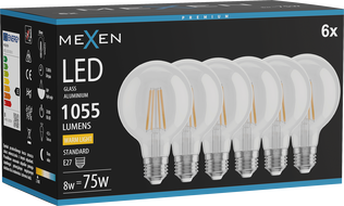Mexen Vintis 6x LED нажежаема жичка крушка E27, G80, 8W, Топла - 2700K, 1055 lm, прозрачна
