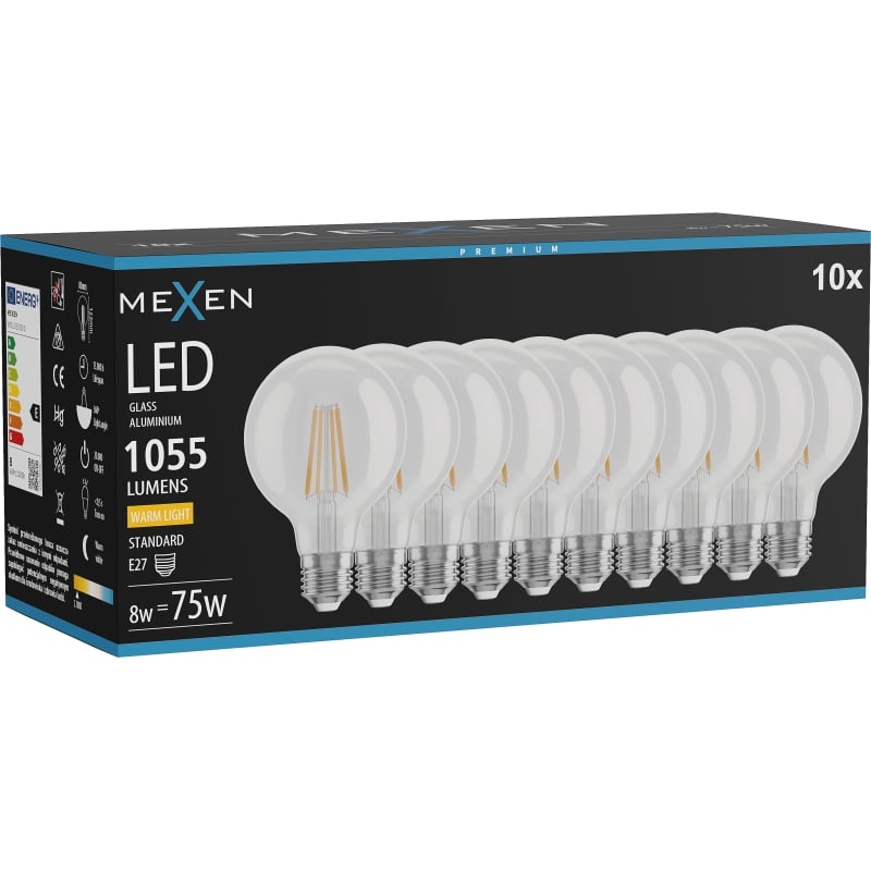 Mexen Vintis 10x LED лампа с нажежаема жичка E27, G80, 8W, Топла - 2700K, 1055 lm, прозрачна