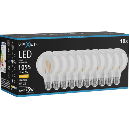 Mexen Vintis 10x LED лампа с нажежаема жичка E27, G80, 8W, Топла - 2700K, 1055 lm, прозрачна