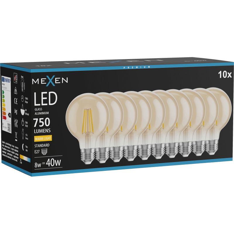 Mexen Vintis 10x LED филамент крушка E27, G80, 8W, Топла - 2700K, 750 lm, кехлибар