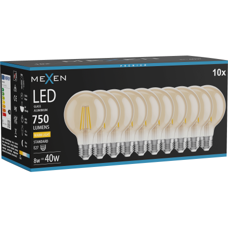 Mexen Vintis 10x LED филамент крушка E27, G80, 8W, Топла - 2700K, 750 lm, кехлибар