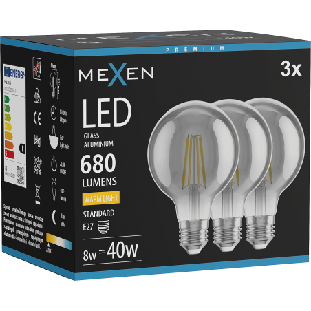 Mexen Vintis 3x LED крушка с нажежаема жичка E27, G80, 8W, Топла - 2700K, 680 lm, опушена