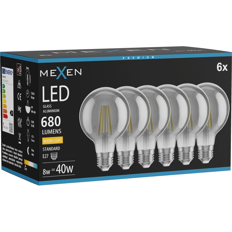 Mexen Vintis 6x LED филaмент крушка E27, G80, 8W, Топла - 2700K, 680 lm, опушен - L155-E27-0827-70x06