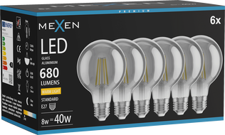 Mexen Vintis 6x LED филaмент крушка E27, G80, 8W, Топла - 2700K, 680 lm, опушен - L155-E27-0827-70x06