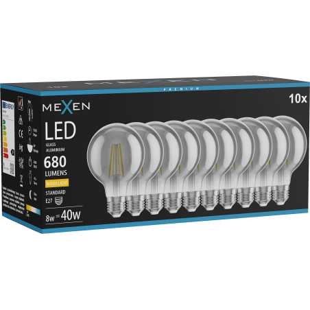 Mexen Vintis 10x LED нажежаема жичка лампа E27, G80, 8W, Топла - 2700K, 680 lm, дим