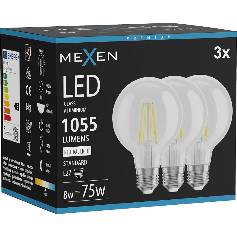 Mexen Vintis 3x LED филаментни крушки E27, G80, 8W, Неутрална - 4000K, 1055 lm, прозрачен