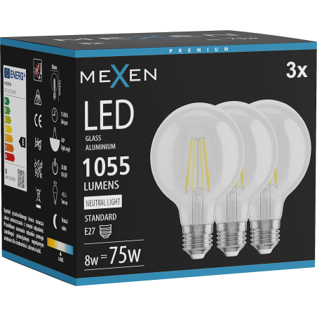 Mexen Vintis 3x LED филаментни крушки E27, G80, 8W, Неутрална - 4000K, 1055 lm, прозрачен