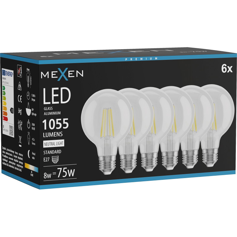 Mexen Vintis 6x LED крушка филамент E27, G80, 8W, Неутрална - 4000K, 1055 lm, прозрачен