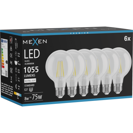 Mexen Vintis 6x LED крушка филамент E27, G80, 8W, Неутрална - 4000K, 1055 lm, прозрачен
