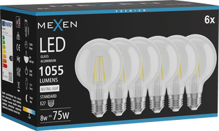 Mexen Vintis 6x LED крушка филамент E27, G80, 8W, Неутрална - 4000K, 1055 lm, прозрачен