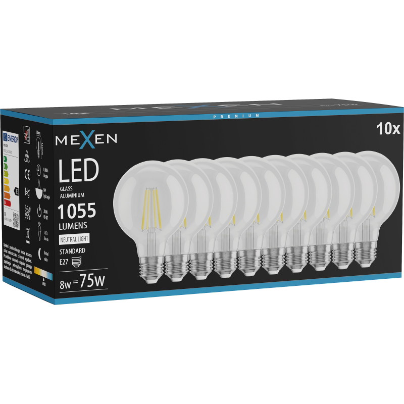 Mexen Vintis 10x LED филамент крушка E27, G80, 8W, неутрална - 4000K, 1055 lm, прозрачен