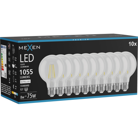 Mexen Vintis 10x LED филамент крушка E27, G80, 8W, неутрална - 4000K, 1055 lm, прозрачен