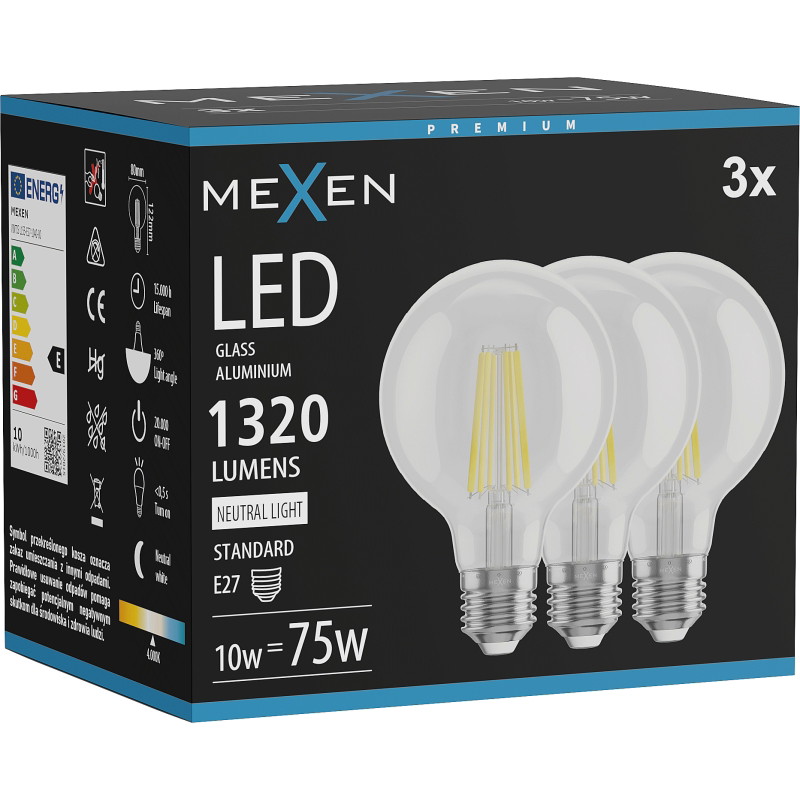 Mexen Vintis 3x светодиодна лампа на филaмент E27, G80, 10W, Неутрална - 4000K, 1320 lm,