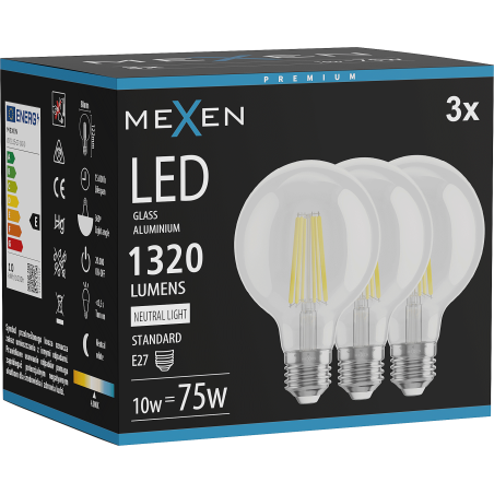 Mexen Vintis 3x светодиодна лампа на филaмент E27, G80, 10W, Неутрална - 4000K, 1320 lm,