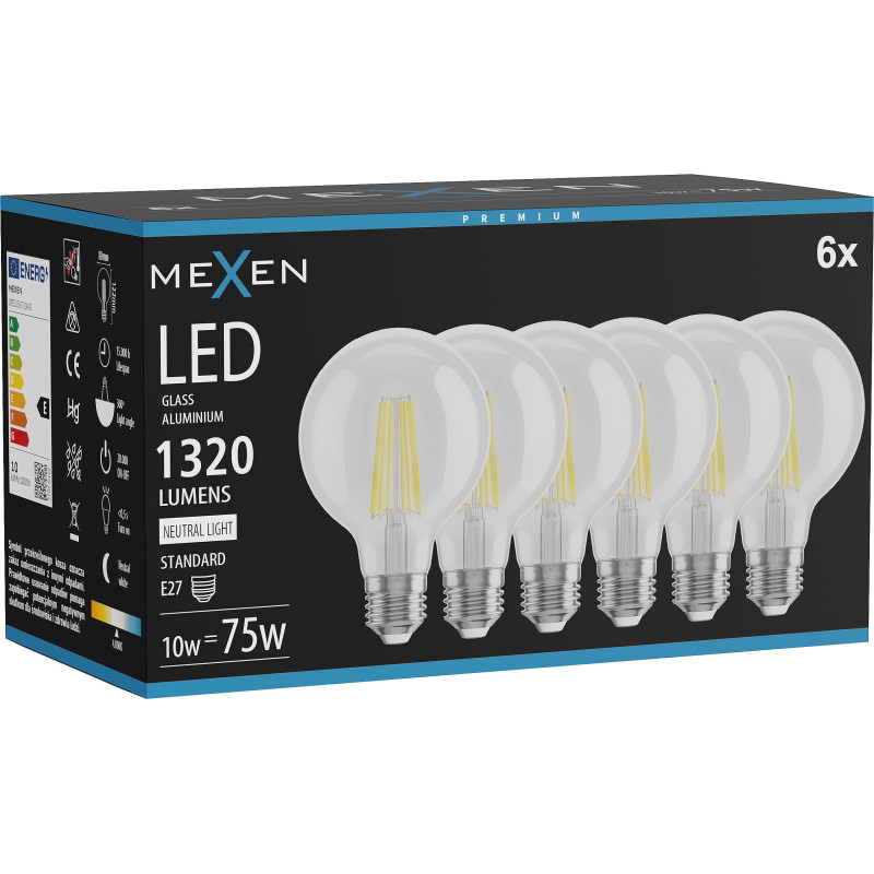 Mexen Vintis 6x LED FILAMENT крушка E27, G80, 10W, Неутрална - 4000K, 1320 lm, прозрачна