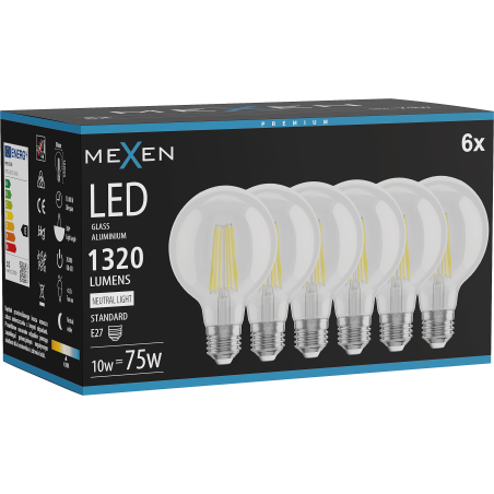 Mexen Vintis 6x LED FILAMENT крушка E27, G80, 10W, Неутрална - 4000K, 1320 lm, прозрачна