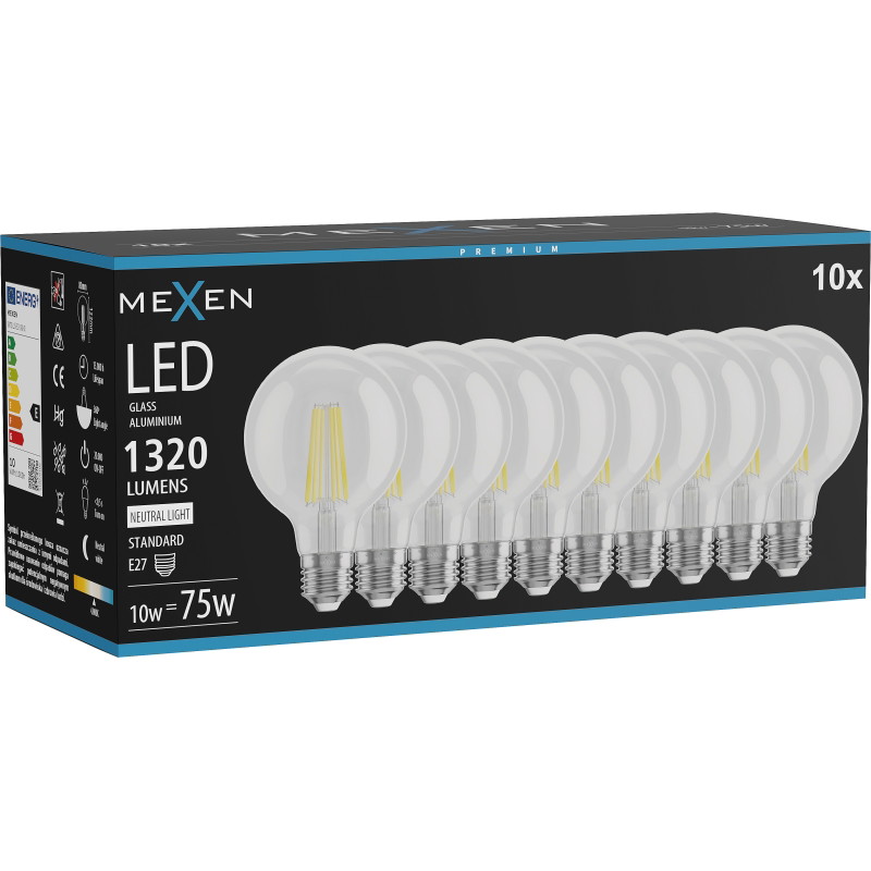 Mexen Vintis 10x LED нажежаема жичка E27, G80, 10W, Неутрална - 4000K, 1320 lm, прозрачен