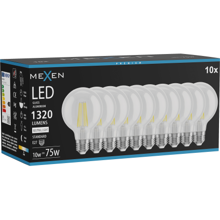 Mexen Vintis 10x LED нажежаема жичка E27, G80, 10W, Неутрална - 4000K, 1320 lm, прозрачен