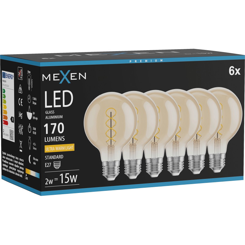 Mexen Vintis 6x LED крушка с нажежаема жичка спирала E27, G80, 2W, Топло - 2200K, 170 lm,