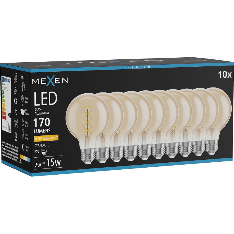Mexen Vintis 10x крушка с нажежаема жичка спирала LED E27, G80, 2W, Топла - 2200K, 170 lm,