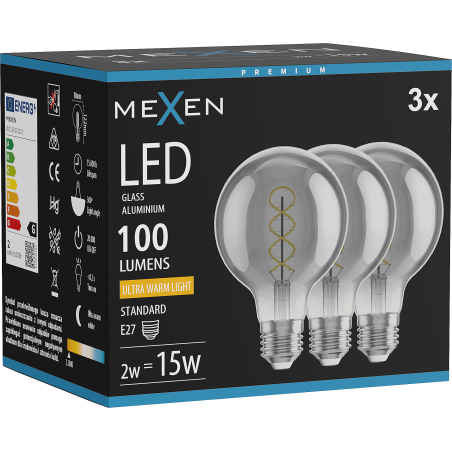 Mexen Vintis 3x LED спирална нажежаема жичка, Е27, G80, 2W, Топла - 2200K, 100 lm, опушена