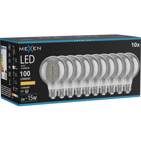 Mexen Vintis 10x LED крушка филамент спирала E27, G80, 2W, Топла - 2200K, 100 lm, димно