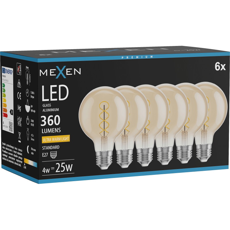 Mexen Vintis 6x LED крушка спирала нажежаема жичка E27, G80, 4W, Топла - 2200K, 360 lm,