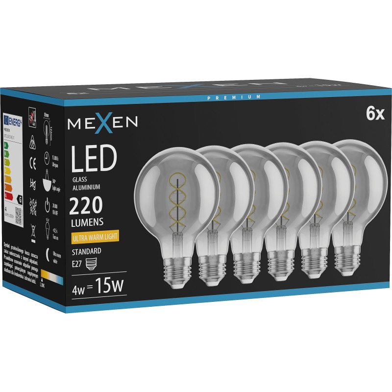 Mexen Vintis 6x LED крушка с нажежаема спирала E27, G80, 4W, топла - 2200K, 220 lm, опушена
