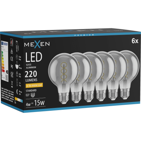 Mexen Vintis 6x LED крушка с нажежаема спирала E27, G80, 4W, топла - 2200K, 220 lm, опушена