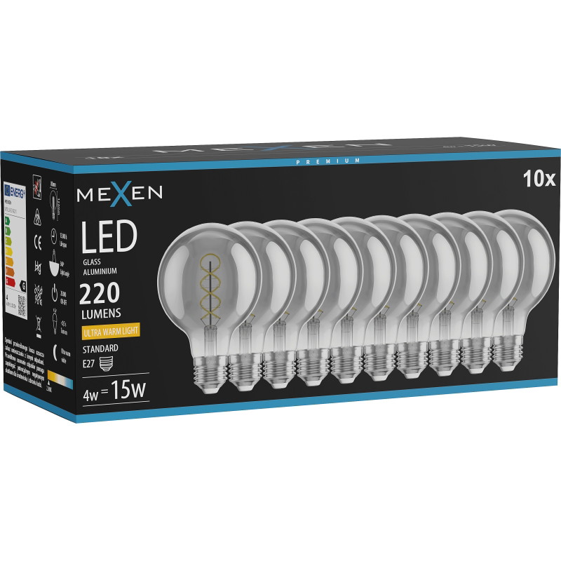 Mexen Vintis 10x LED Лампа с нажежаема спирала E27, G80, 4W, Топла - 2200K, 220 lm, опушена