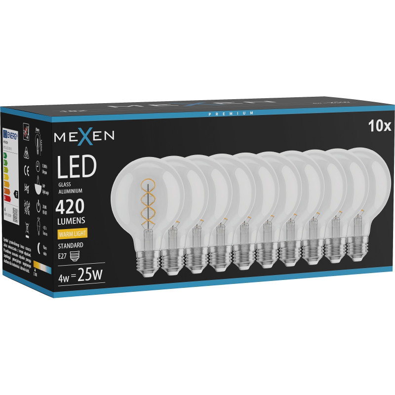 Mexen Vintis 10x LED филемент крушка спирала E27, G80, 4W, Топла - 2700K, 420 lm, прозрачна