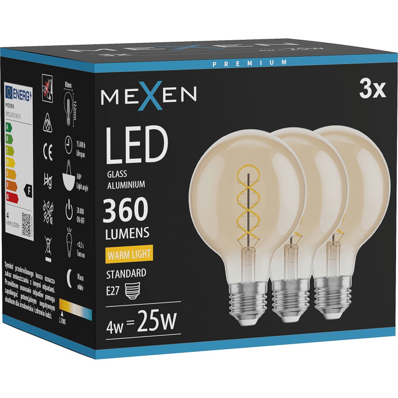 Mexen Vintis 3x Крушка с нажежаема жичка спирала LED E27, G80, 4W, Топло - 2700K, 360 lm,