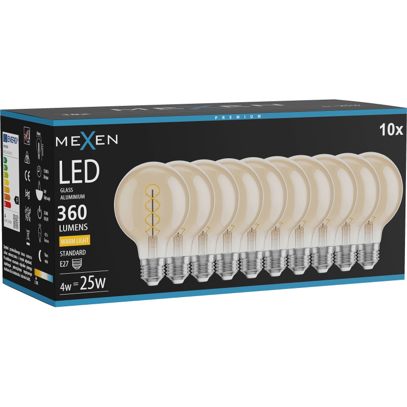 Mexen Vintis 10x LED спирална нажежаема жичка E27, G80, 4W, Топла - 2700K, 360 lm, кехлибар