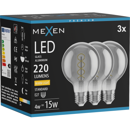 Mexen Vintis 3x LED нажежаема спирална крушка E27, G80, 4W, Топла - 2700K, 220 lm, димна