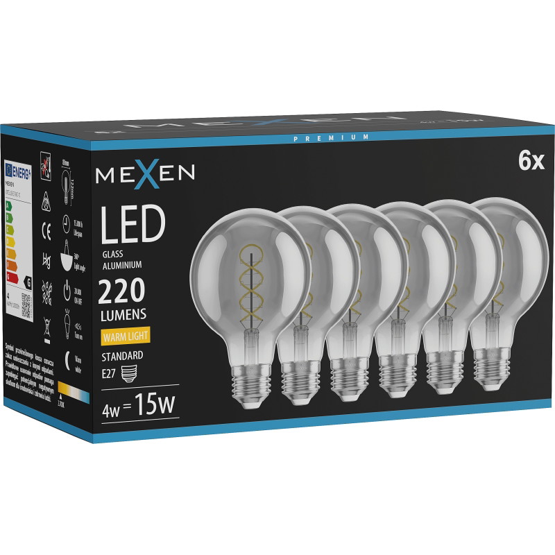 Mexen Vintis 6x LED крушка с нажежаема жичка спирала E27, G80, 4W, Топла - 2700K, 220 lm,