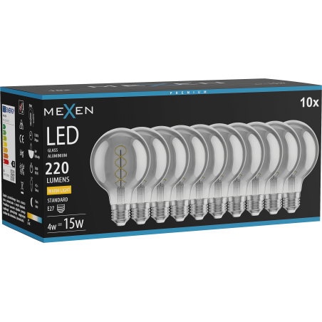 Mexen Vintis 10x LED крушка с нажежаема спирала E27, G80, 4W, Топла - 2700K, 220 lm, димно
