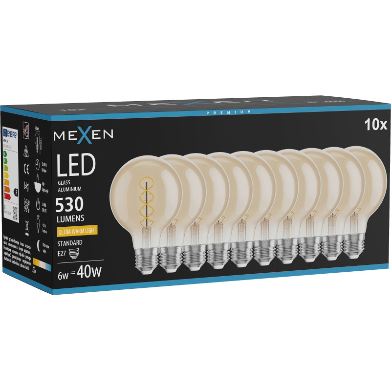 Mexen Vintis 10x LED спирална крушка с нажежаема жичка E27, G80, 6W, Топла - 2200K, 530 lm,
