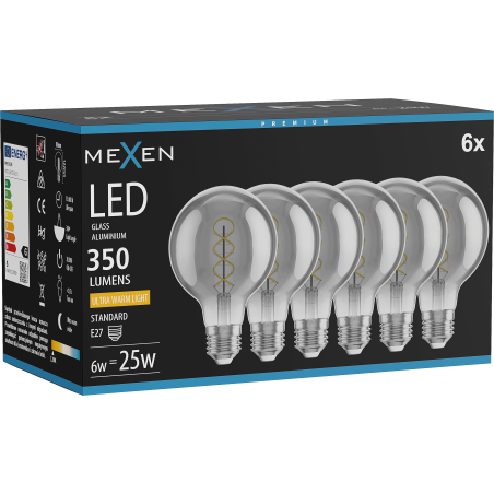 Mexen Vintis 6x крушка с нажежаема спирала LED E27, G80, 6W, Топла - 2200K, 350 lm, димна