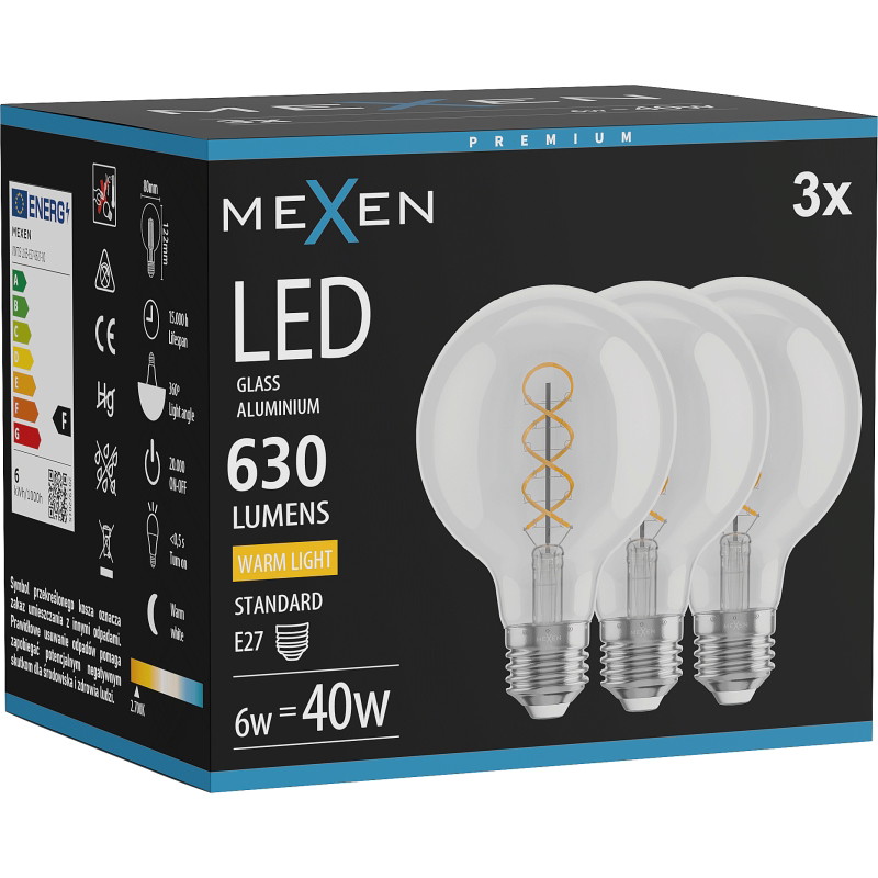 Mexen Vintis 3x LED крушка със спираловиден нажежаем елемент E27, G80, 6W, Топла -
