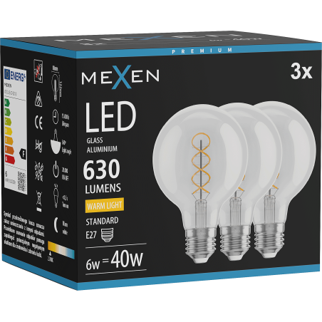 Mexen Vintis 3x LED крушка със спираловиден нажежаем елемент E27, G80, 6W, Топла -