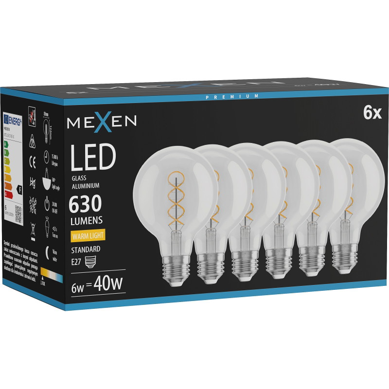 Mexen Vintis 6x LED спирална филаментна крушка E27, G80, 6W, Топла - 2700K, 630 lm,
