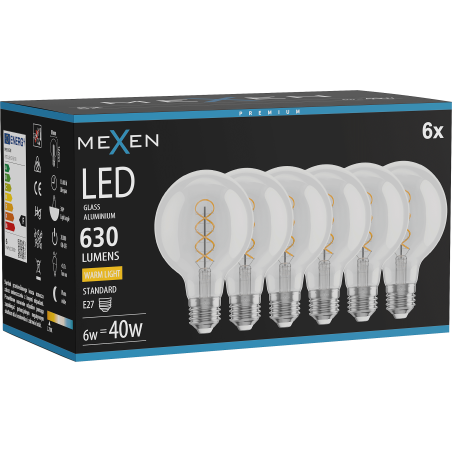 Mexen Vintis 6x LED спирална филаментна крушка E27, G80, 6W, Топла - 2700K, 630 lm,