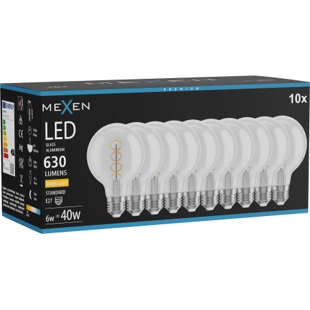 Mexen Vintis 10x LED спирална нишка крушка E27, G80, 6W, Топла - 2700K, 630 lm, ясно